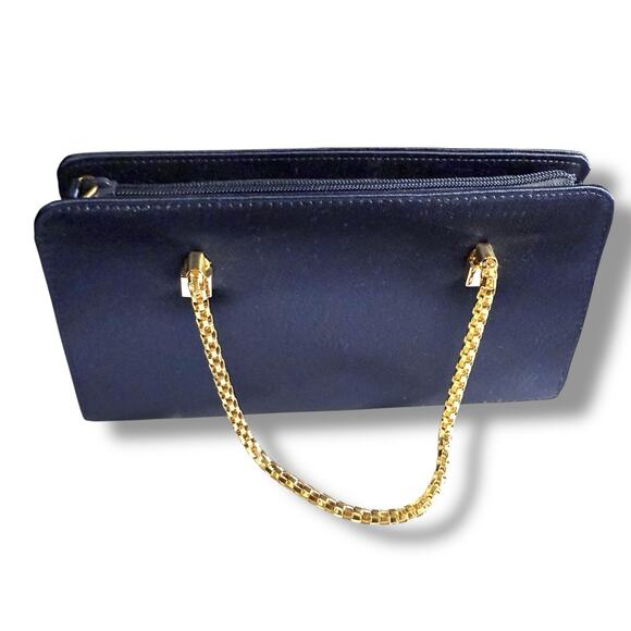 La Regale Evening Mini Cocktail Bag Navy Blue Satin Gold Tone Mesh Chain Handles - Picture 4 of 11